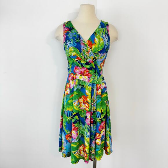 LAUREN Ralph Lauren Floral Jersey Sleeveless Dress Knee Length Tropical Green 2 - Picture 2 of 11